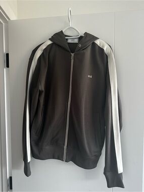 Ami Men's Brown Zip-Up Hoodie with White Shoulder Stripes
